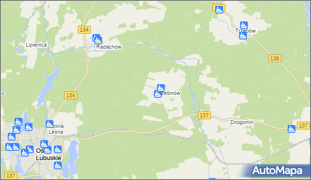 mapa Trześniów gmina Ośno Lubuskie, Trześniów gmina Ośno Lubuskie na mapie Targeo