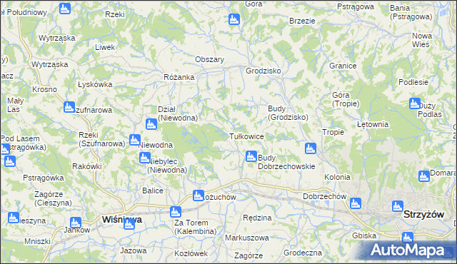 mapa Tułkowice gmina Wiśniowa, Tułkowice gmina Wiśniowa na mapie Targeo