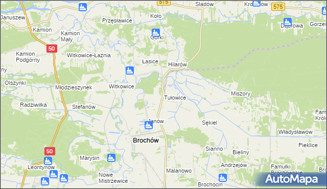 mapa Tułowice gmina Brochów, Tułowice gmina Brochów na mapie Targeo