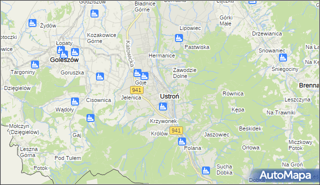 mapa Ustroń powiat cieszyński, Ustroń powiat cieszyński na mapie Targeo