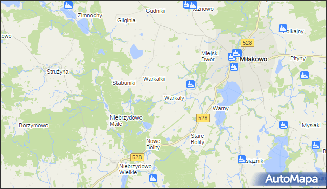 mapa Warkały gmina Miłakowo, Warkały gmina Miłakowo na mapie Targeo