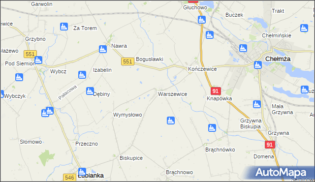 mapa Warszewice gmina Łubianka, Warszewice gmina Łubianka na mapie Targeo