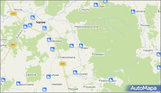 mapa Waśki gmina Narew, Waśki gmina Narew na mapie Targeo