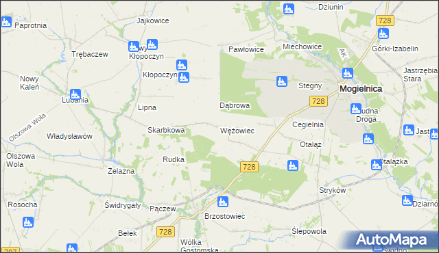 mapa Wężowiec gmina Mogielnica, Wężowiec gmina Mogielnica na mapie Targeo