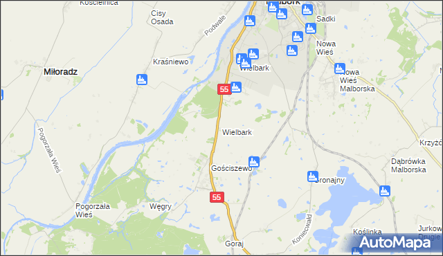 mapa Wielbark gmina Malbork, Wielbark gmina Malbork na mapie Targeo