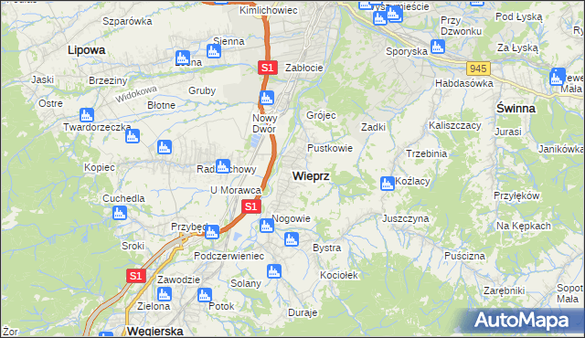 mapa Wieprz gmina Radziechowy-Wieprz, Wieprz gmina Radziechowy-Wieprz na mapie Targeo