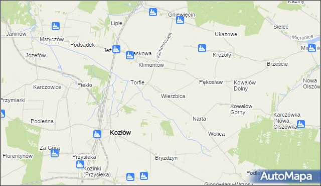 mapa Wierzbica gmina Kozłów, Wierzbica gmina Kozłów na mapie Targeo