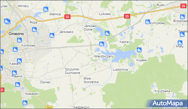 mapa Wierzbiczany gmina Gniezno, Wierzbiczany gmina Gniezno na mapie Targeo