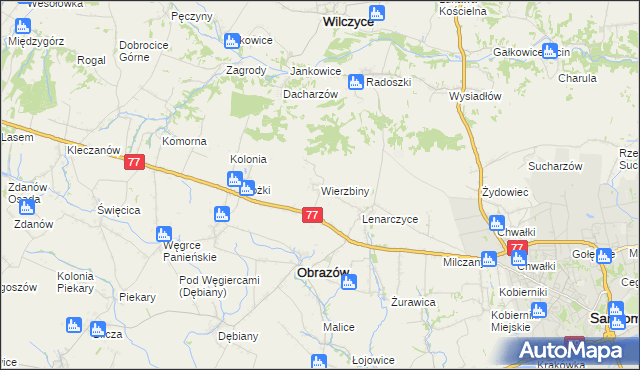 mapa Wierzbiny gmina Obrazów, Wierzbiny gmina Obrazów na mapie Targeo