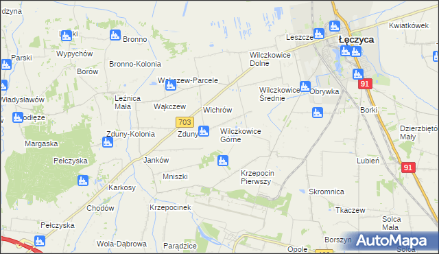 mapa Wilczkowice Górne gmina Łęczyca, Wilczkowice Górne gmina Łęczyca na mapie Targeo