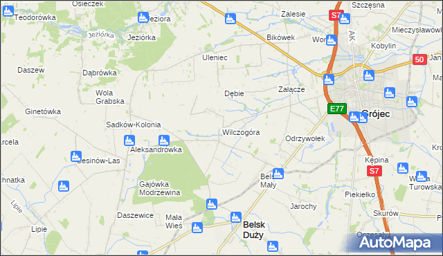 mapa Wilczogóra gmina Belsk Duży, Wilczogóra gmina Belsk Duży na mapie Targeo
