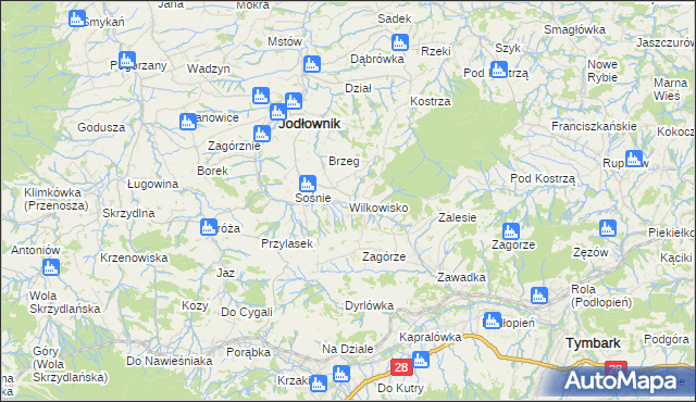 mapa Wilkowisko gmina Jodłownik, Wilkowisko gmina Jodłownik na mapie Targeo