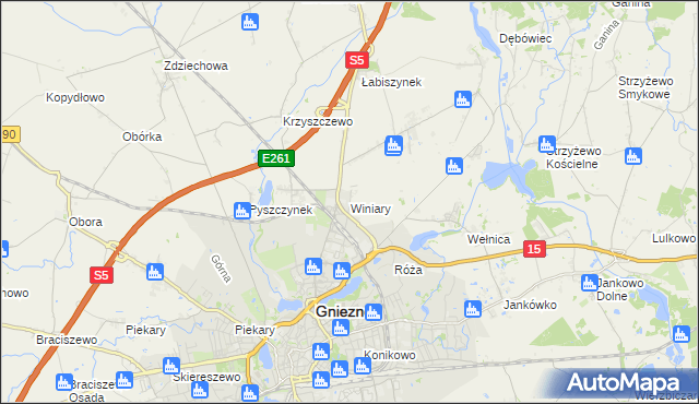 mapa Winiary gmina Gniezno, Winiary gmina Gniezno na mapie Targeo