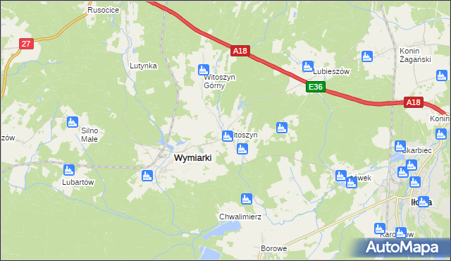 mapa Witoszyn gmina Wymiarki, Witoszyn gmina Wymiarki na mapie Targeo