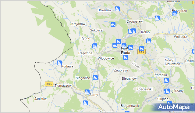mapa Włodowice gmina Nowa Ruda, Włodowice gmina Nowa Ruda na mapie Targeo