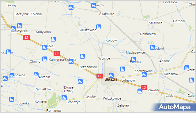 mapa Wójcice gmina Błaszki, Wójcice gmina Błaszki na mapie Targeo