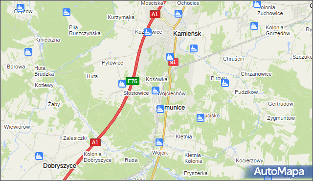 mapa Wojciechów gmina Gomunice, Wojciechów gmina Gomunice na mapie Targeo