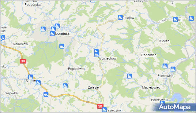 mapa Wojciechów gmina Lubomierz, Wojciechów gmina Lubomierz na mapie Targeo