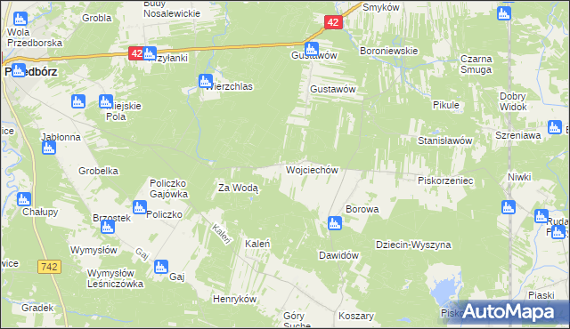 mapa Wojciechów gmina Przedbórz, Wojciechów gmina Przedbórz na mapie Targeo