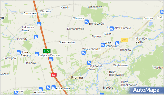 mapa Wojciechówka gmina Promna, Wojciechówka gmina Promna na mapie Targeo