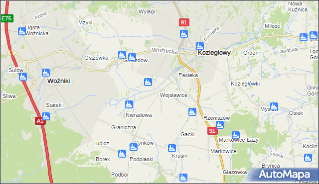 mapa Wojsławice gmina Koziegłowy, Wojsławice gmina Koziegłowy na mapie Targeo