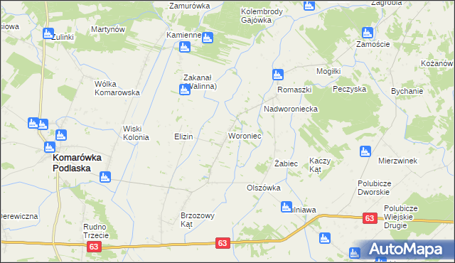 mapa Woroniec gmina Komarówka Podlaska, Woroniec gmina Komarówka Podlaska na mapie Targeo