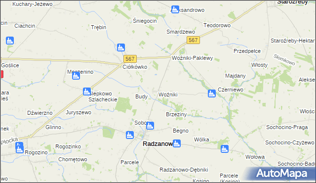 mapa Woźniki gmina Radzanowo, Woźniki gmina Radzanowo na mapie Targeo