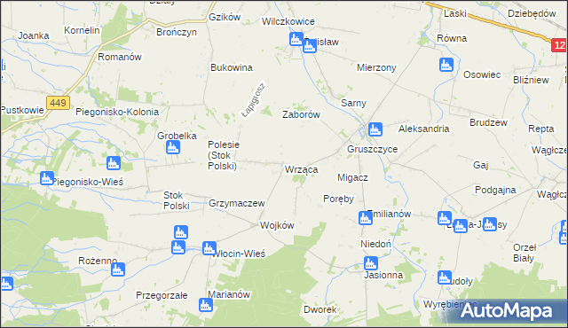 mapa Wrząca gmina Błaszki, Wrząca gmina Błaszki na mapie Targeo