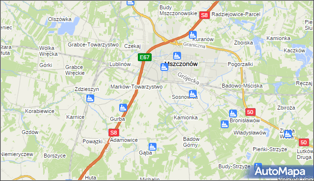 mapa Wymysłów gmina Mszczonów, Wymysłów gmina Mszczonów na mapie Targeo