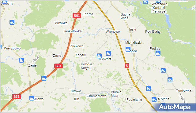 mapa Wysokie gmina Raczki, Wysokie gmina Raczki na mapie Targeo