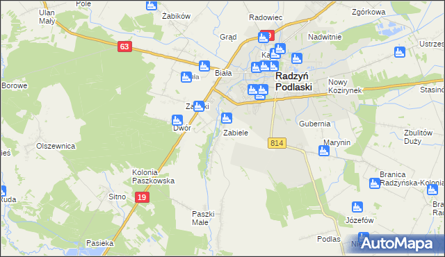 mapa Zabiele gmina Radzyń Podlaski, Zabiele gmina Radzyń Podlaski na mapie Targeo