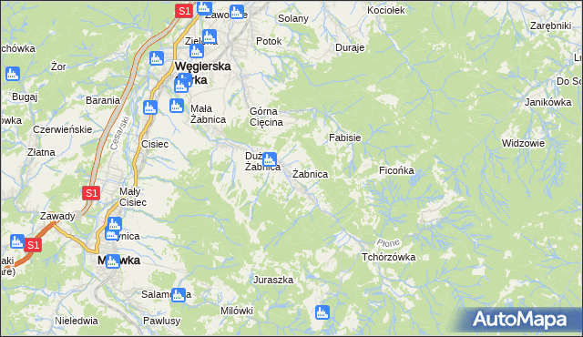 mapa Żabnica gmina Węgierska Górka, Żabnica gmina Węgierska Górka na mapie Targeo