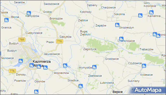 mapa Zagórzyce gmina Kazimierza Wielka, Zagórzyce gmina Kazimierza Wielka na mapie Targeo