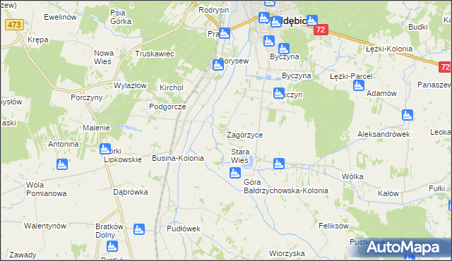 mapa Zagórzyce gmina Poddębice, Zagórzyce gmina Poddębice na mapie Targeo