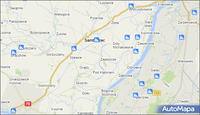 mapa Zajeziorze gmina Samborzec, Zajeziorze gmina Samborzec na mapie Targeo