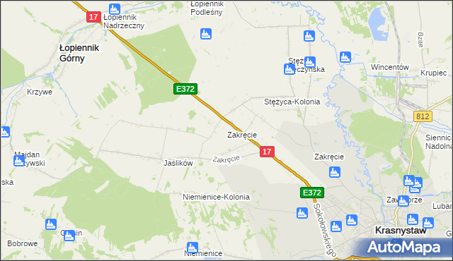 mapa Zakręcie gmina Krasnystaw, Zakręcie gmina Krasnystaw na mapie Targeo