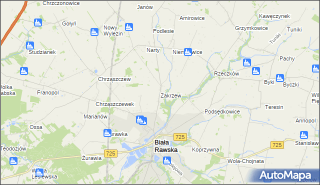 mapa Zakrzew gmina Biała Rawska, Zakrzew gmina Biała Rawska na mapie Targeo