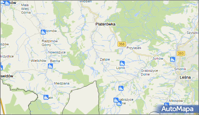 mapa Zalipie gmina Platerówka, Zalipie gmina Platerówka na mapie Targeo