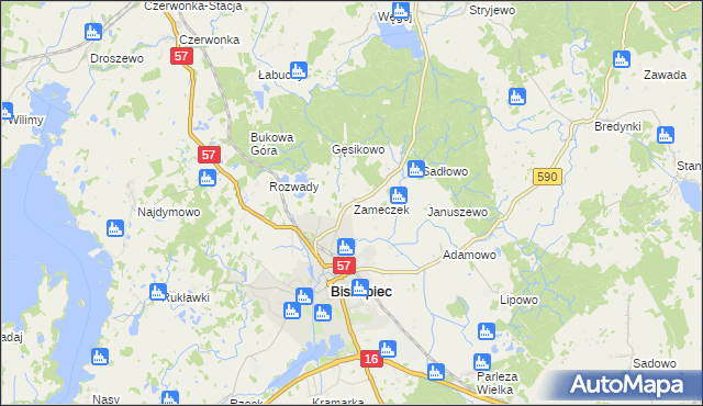 mapa Zameczek gmina Biskupiec, Zameczek gmina Biskupiec na mapie Targeo