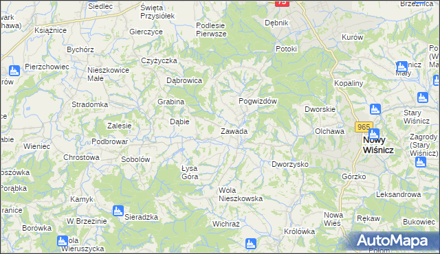mapa Zawada gmina Bochnia, Zawada gmina Bochnia na mapie Targeo