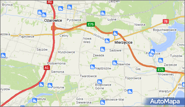 mapa Zawada gmina Mierzęcice, Zawada gmina Mierzęcice na mapie Targeo