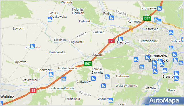 mapa Zawada gmina Tomaszów Mazowiecki, Zawada gmina Tomaszów Mazowiecki na mapie Targeo