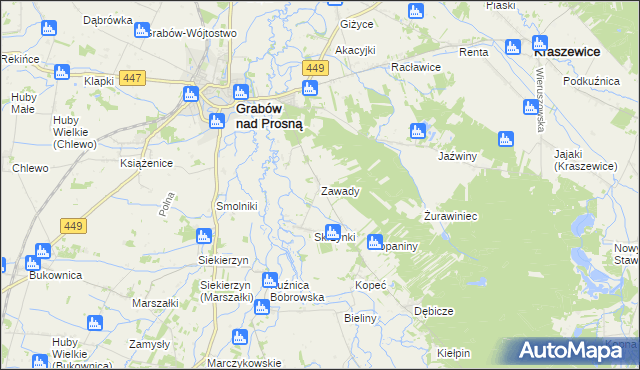 mapa Zawady gmina Grabów nad Prosną, Zawady gmina Grabów nad Prosną na mapie Targeo