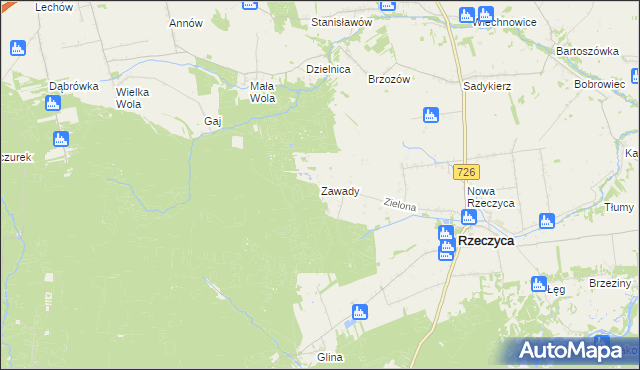 mapa Zawady gmina Rzeczyca, Zawady gmina Rzeczyca na mapie Targeo