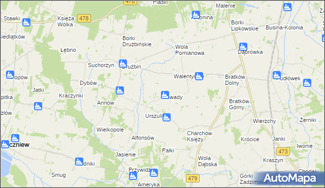 mapa Zawady gmina Zadzim, Zawady gmina Zadzim na mapie Targeo