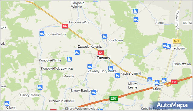mapa Zawady powiat białostocki, Zawady powiat białostocki na mapie Targeo