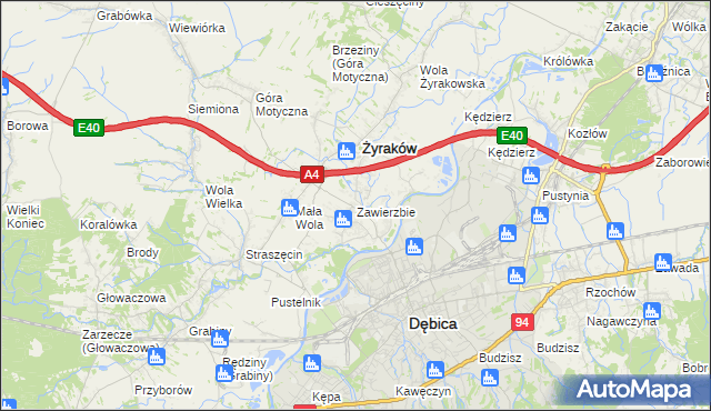mapa Zawierzbie gmina Żyraków, Zawierzbie gmina Żyraków na mapie Targeo
