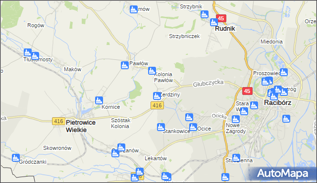 mapa Żerdziny gmina Pietrowice Wielkie, Żerdziny gmina Pietrowice Wielkie na mapie Targeo