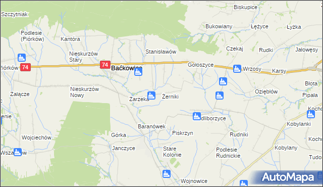 mapa Żerniki gmina Baćkowice, Żerniki gmina Baćkowice na mapie Targeo