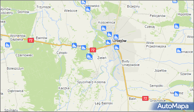 mapa Zieleń gmina Uniejów, Zieleń gmina Uniejów na mapie Targeo